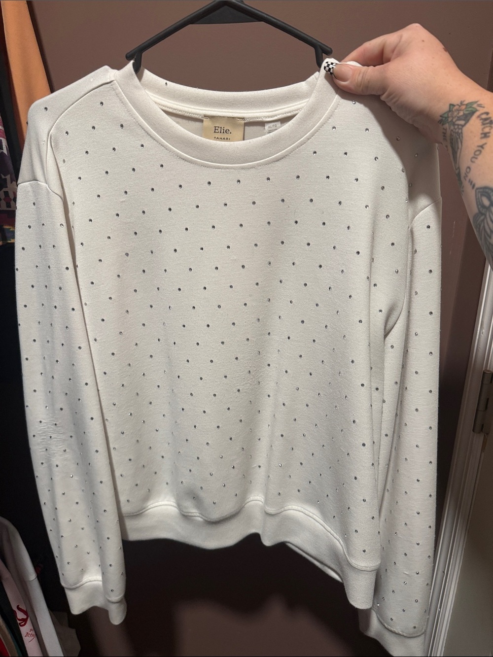 Elie Tahari Cream Crewneck Sweatshirt with Crystal Studs